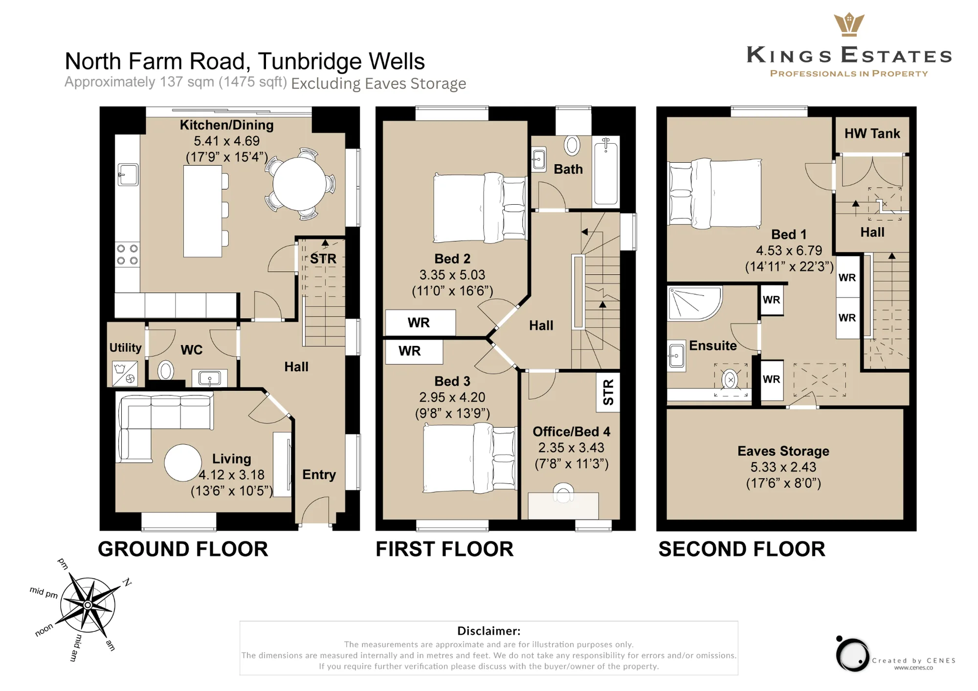 The floorplan for North Farm Road — ground, first and second floors with room dimensions